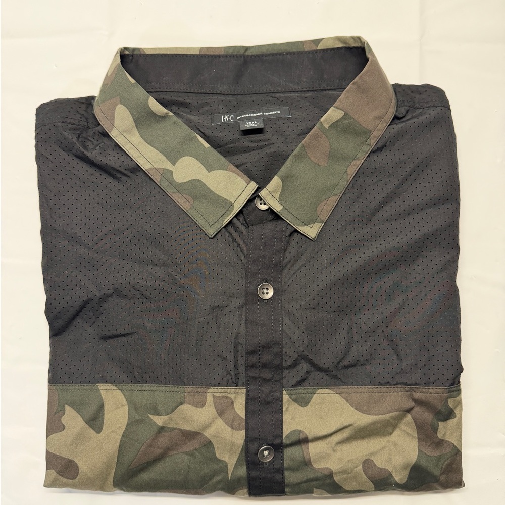 INC International Concepts Black Button-Down Shirt with Camo Trim